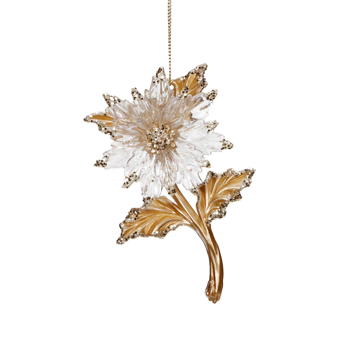 Ornament floare de crăciuniță cu sclipici, auriu/transparent, 11 cm