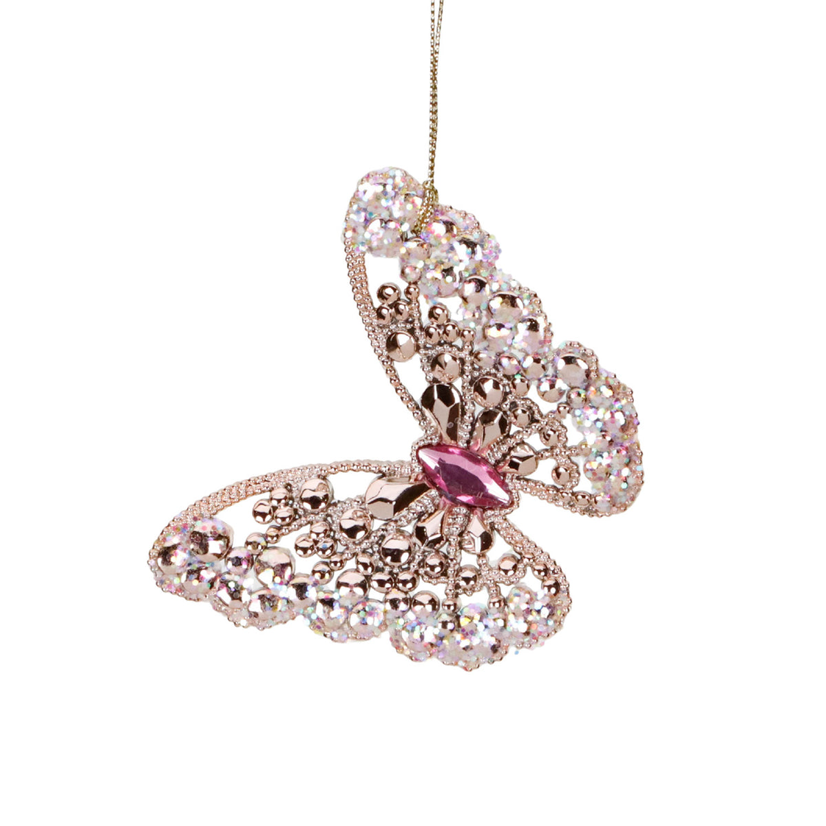 Ornament fluture cu sclipici și pietre, auriu/roz, 9 cm