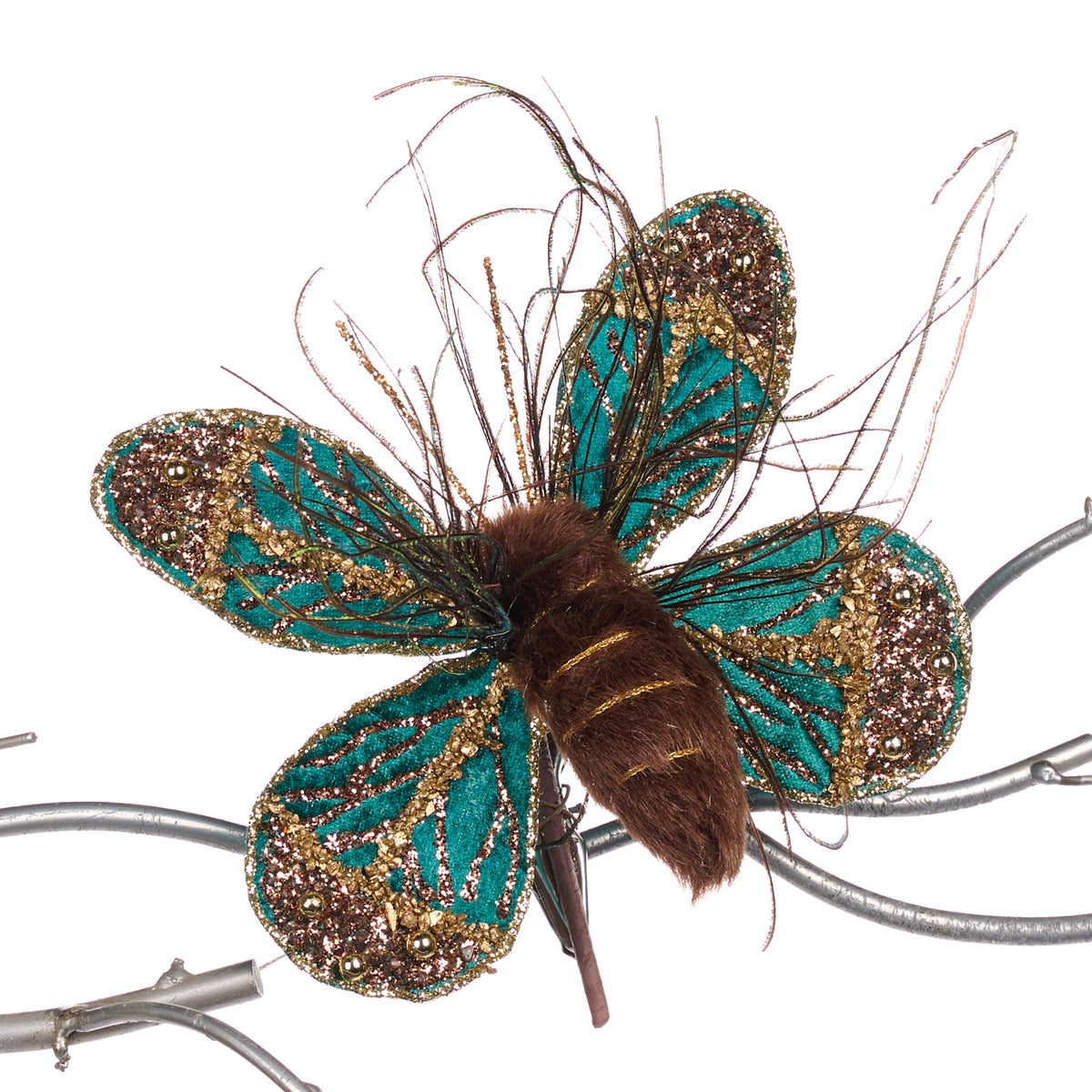Ornament fluture de noapte din blăniță pe clemă, verde/maro, 15 cm