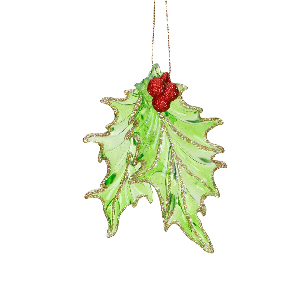 Ornament frunze de ilice cu bobițe și sclipici, verde/roșu/auriu, 11 cm