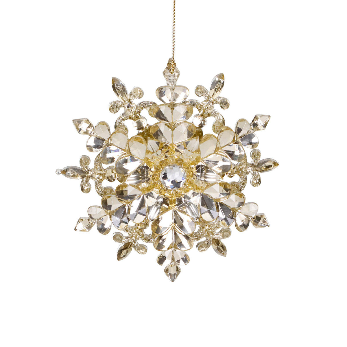 Ornament fulg de zăpadă cu pietre, de agățat, auriu, 13 cm