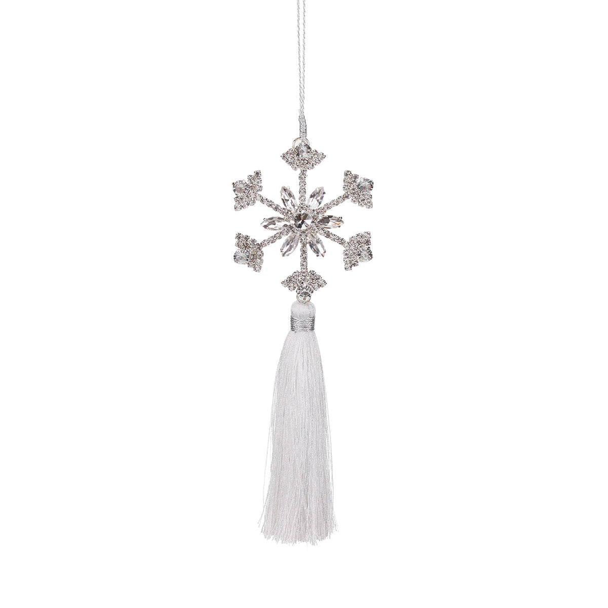 Ornament fulg de zăpadă cu pietre și ciucure, alb/argintiu, 20 cm