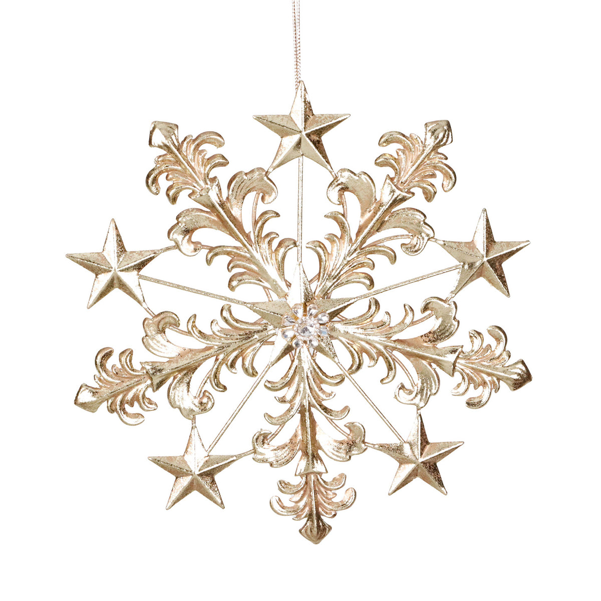 Ornament fulg de zăpadă din metal, cu pietre, auriu, 21,5 cm