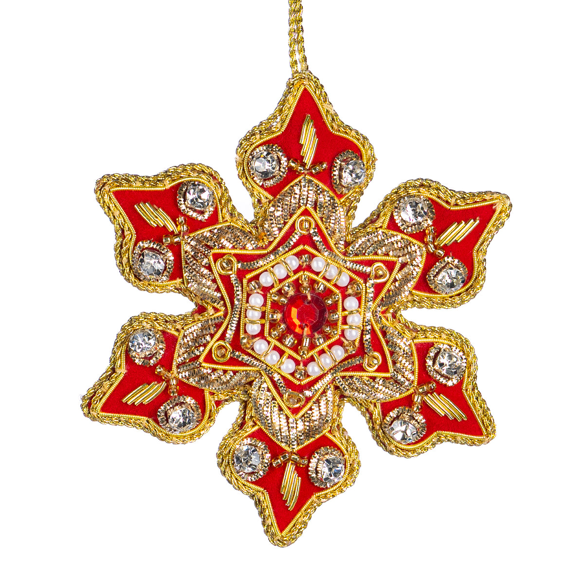 Ornament fulg de zăpadă din textil cu pietre, roșu/auriu, 11 cm