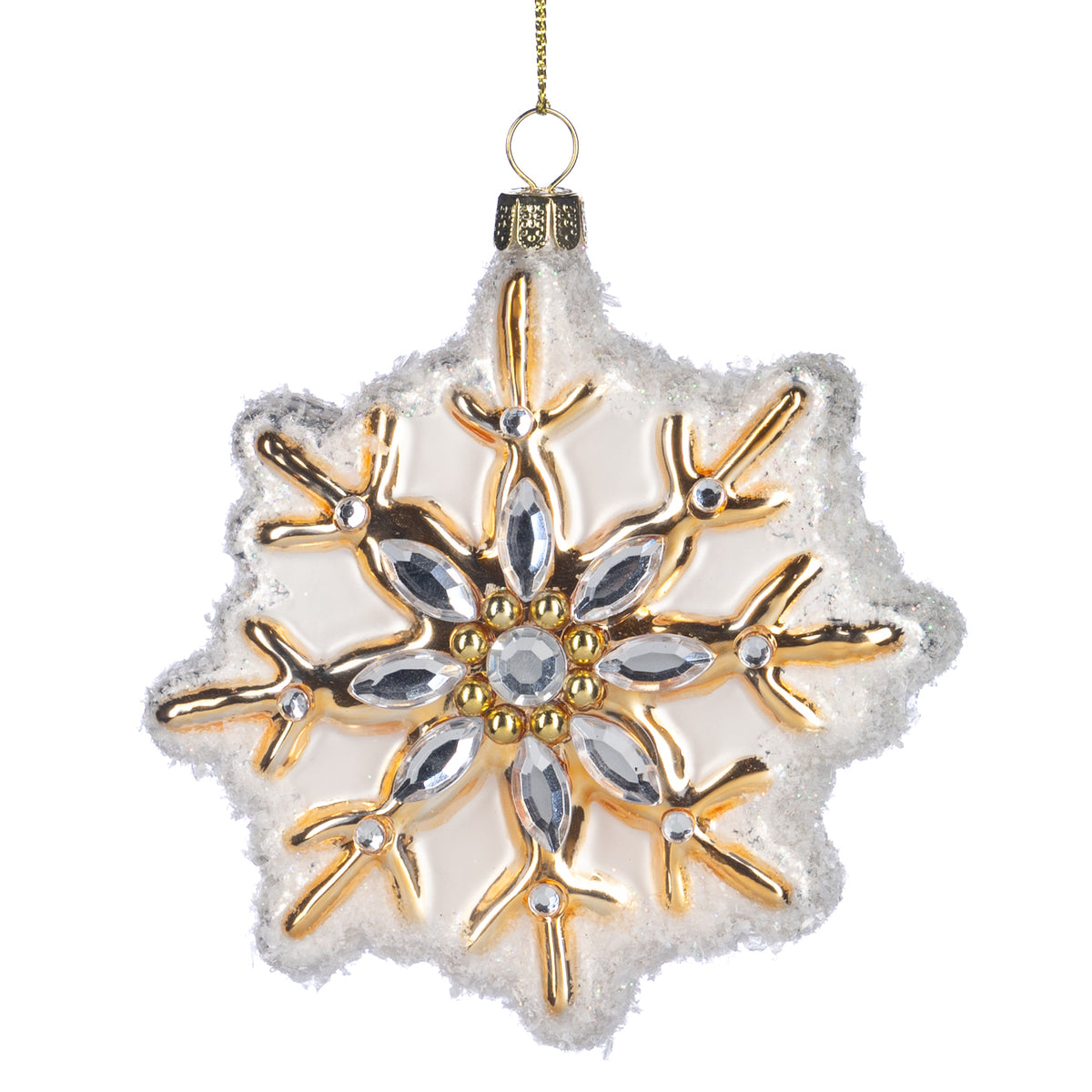 Ornament fulg de zăpadă înzăpezit din sticlă cu pietre, alb/auriu, 11 cm