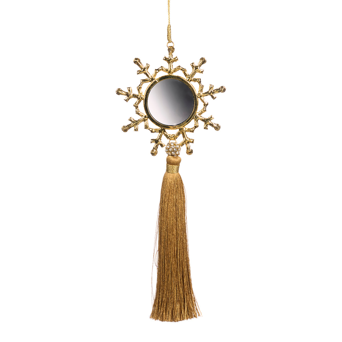 Ornament fulg de zăpadă oglindit din metal cu pietre și ciucure, auriu, 25 cm
