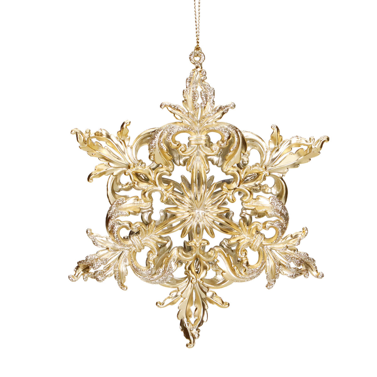 Ornament fulg de zăpadă spiralat, cu sclipici, auriu, 15 cm