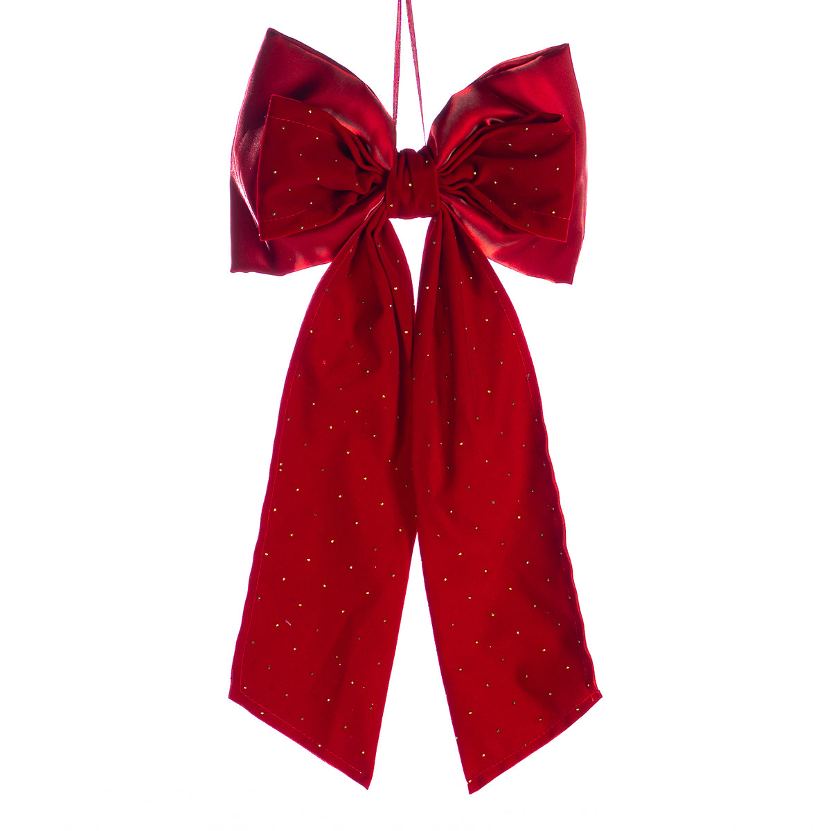Ornament fundă bombată cu buline, din textil, roșu/auriu, 43 cm