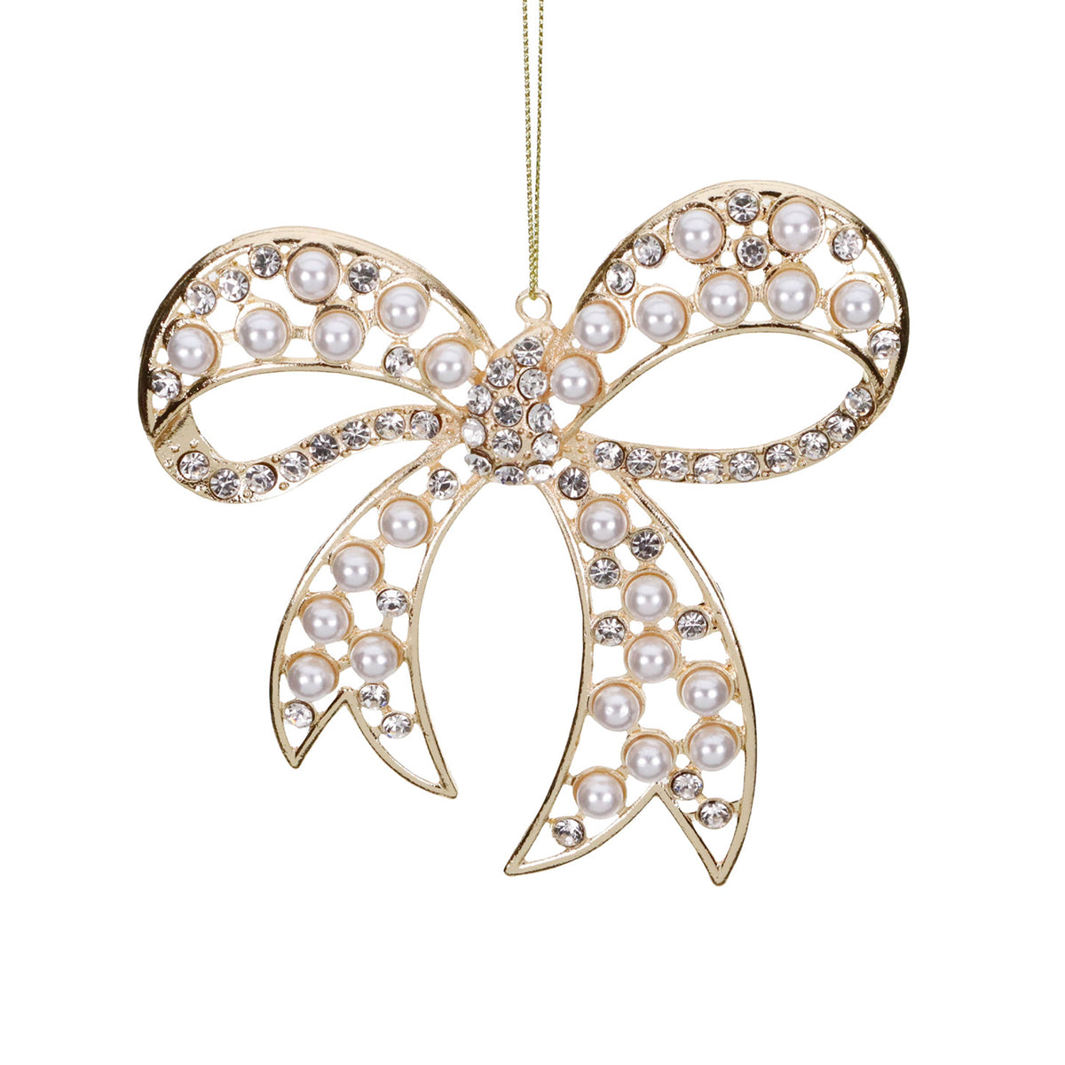 Ornament fundă cu perle și pietre, de agățat, auriu, 13 cm