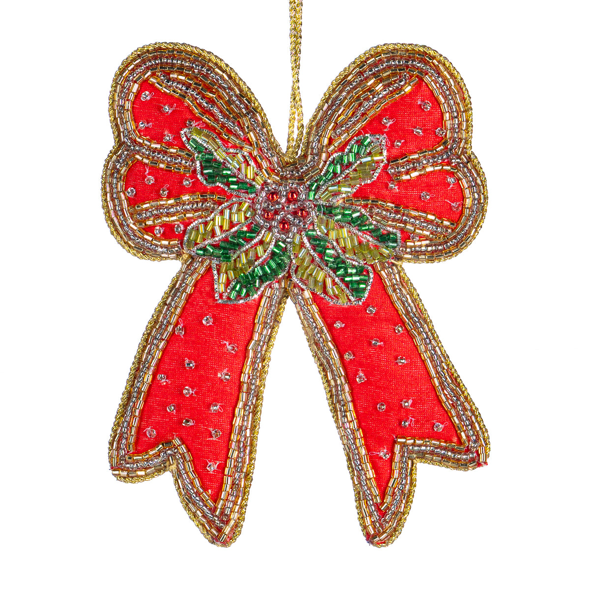 Ornament fundă de Crăciun din textil, cu mărgele, roșu/verde/auriu, 13 cm