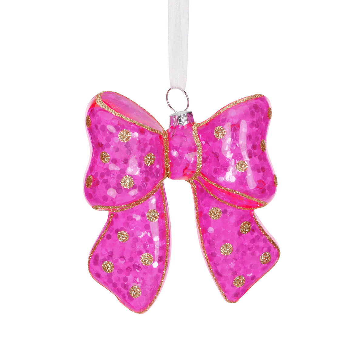 Ornament fundă din sticlă cu buline și sclipici, roz aprins/auriu, 10 cm