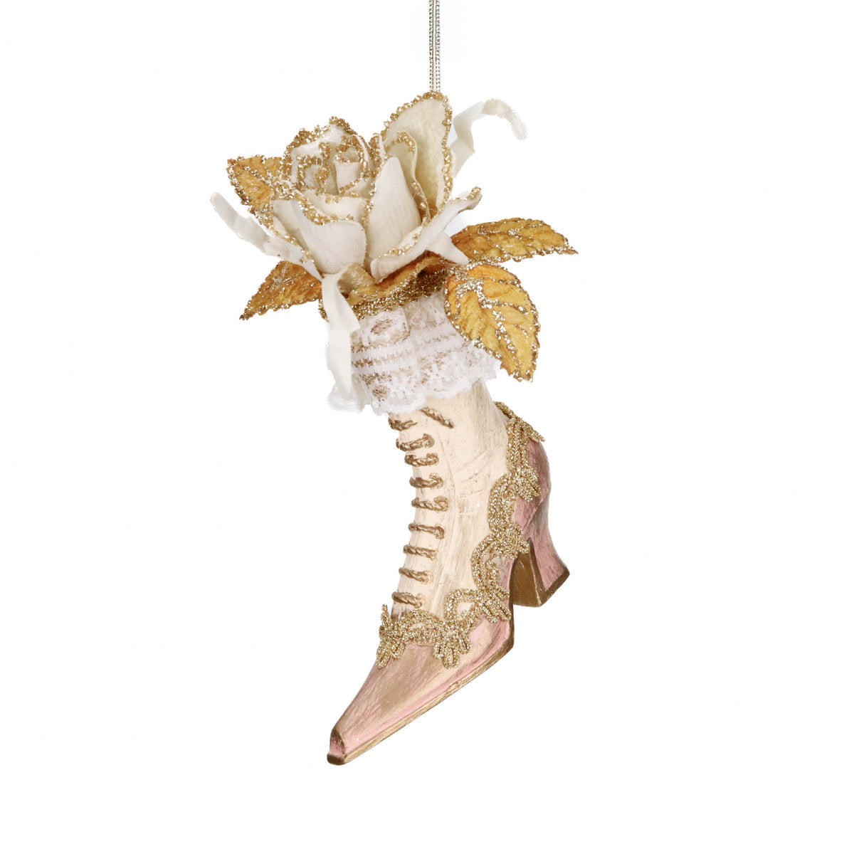 Ornament ghetuță victoriană cu flori din textil, crem/auriu, 19 cm