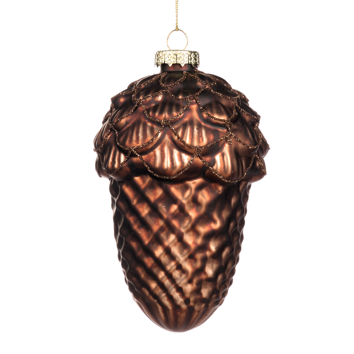 Ornament ghindă din sticlă cu sclipici, maro, 12 cm