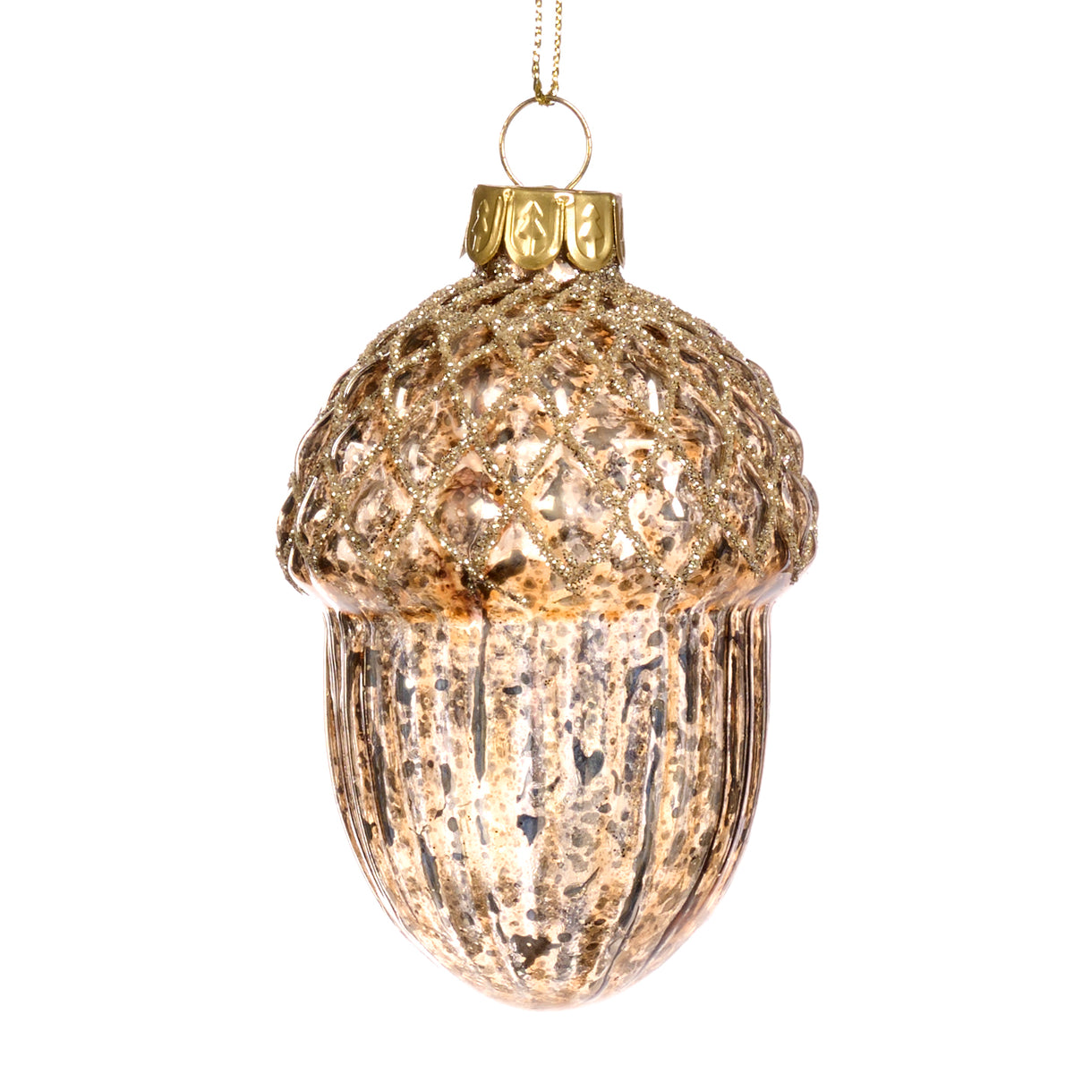 Ornament ghindă din sticlă cu sclipici, maro/auriu, 8 cm