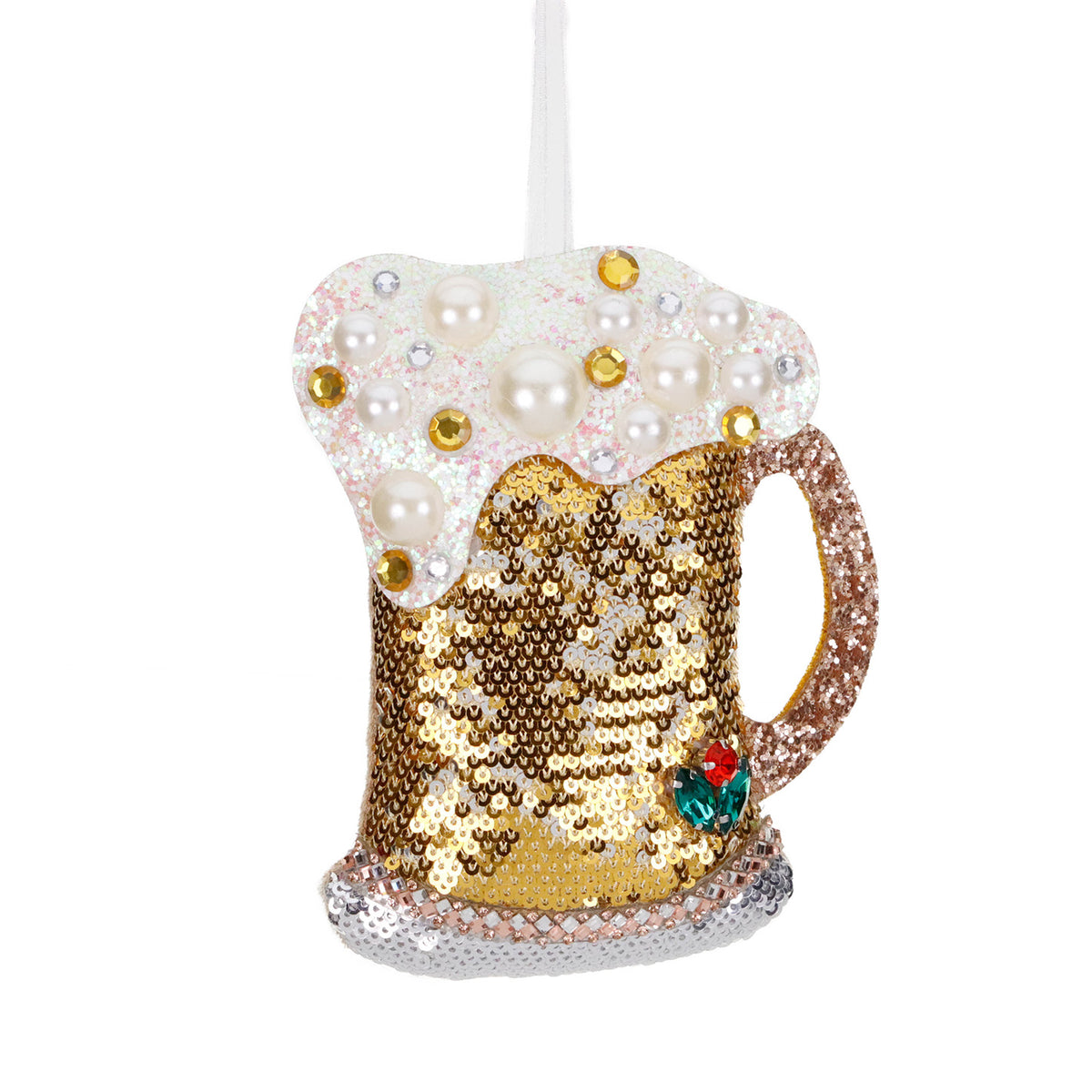 Ornament halbă de bere de Crăciun din textil cu paiete, auriu/alb, 14 cm