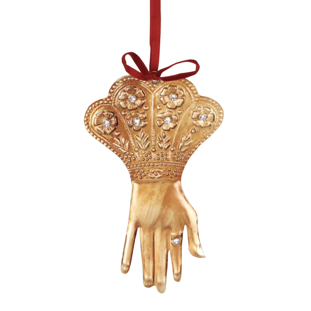 Ornament în formă de mână, din metal cu pietre, auriu, 19 cm
