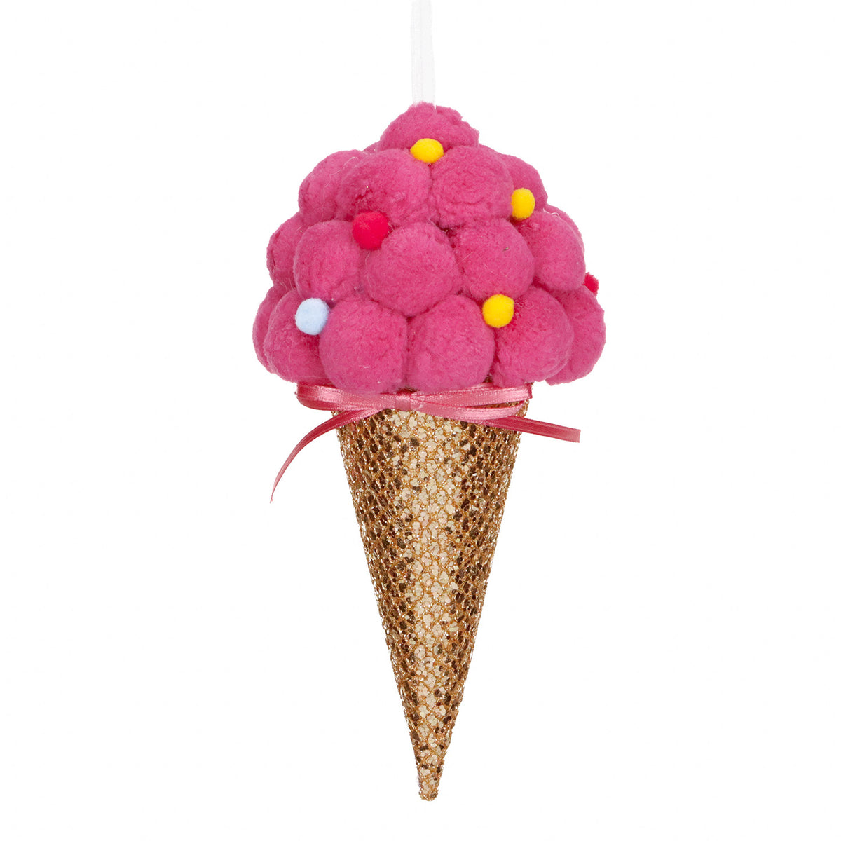 Ornament înghețată cu pompon din textil, roz aprins/auriu, 16,5 cm