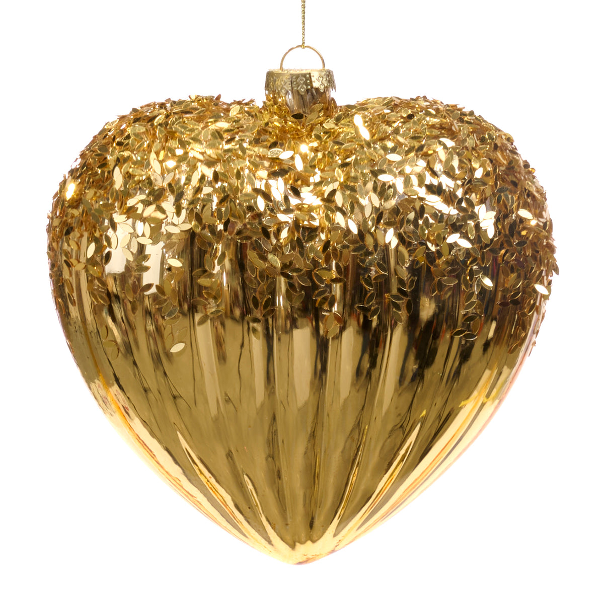 Ornament inimă din sticlă, cu vârf din folie, auriu, 15 cm