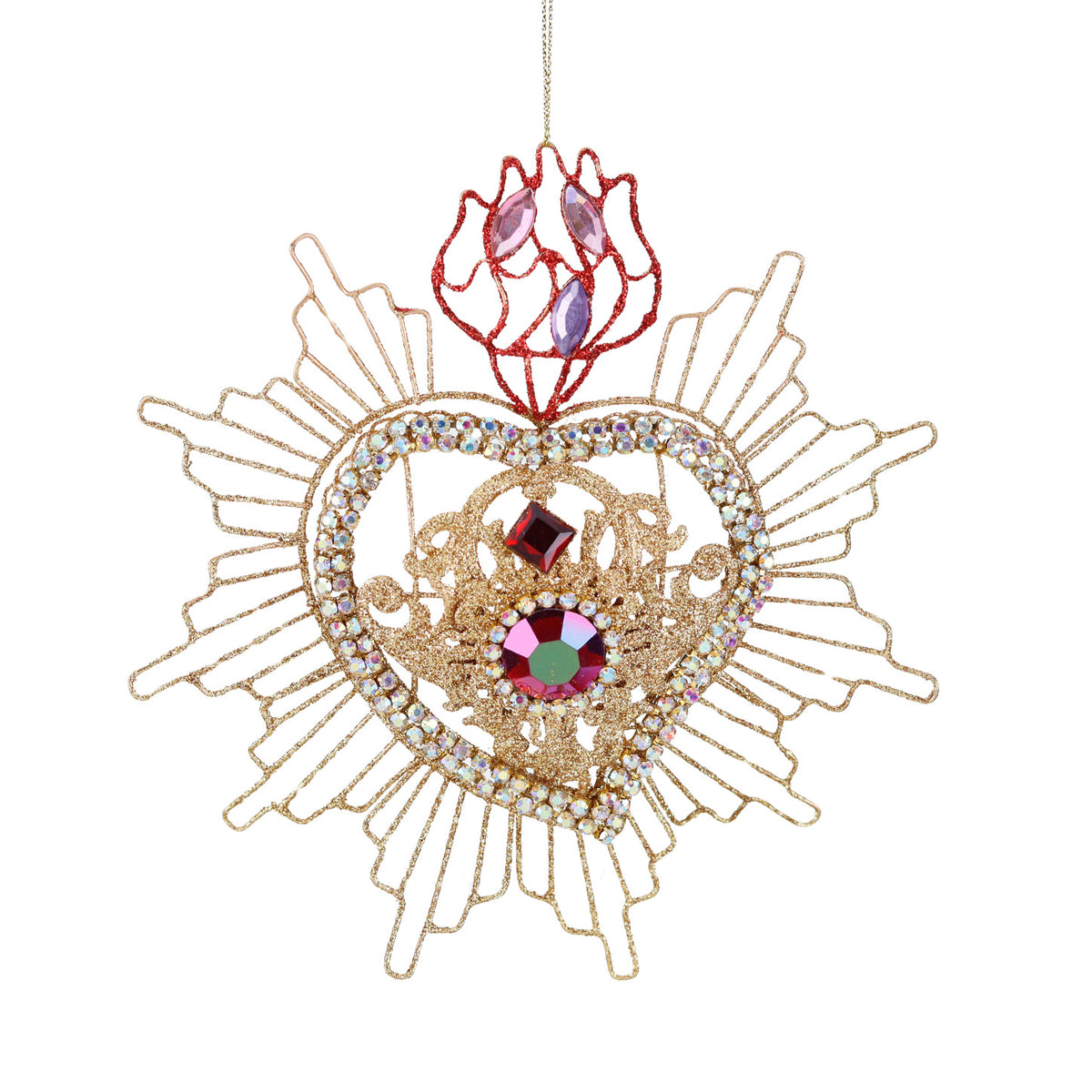 Ornament inimă în flăcări din sârmă metalică cu pietre, auriu/roșu, 17 cm