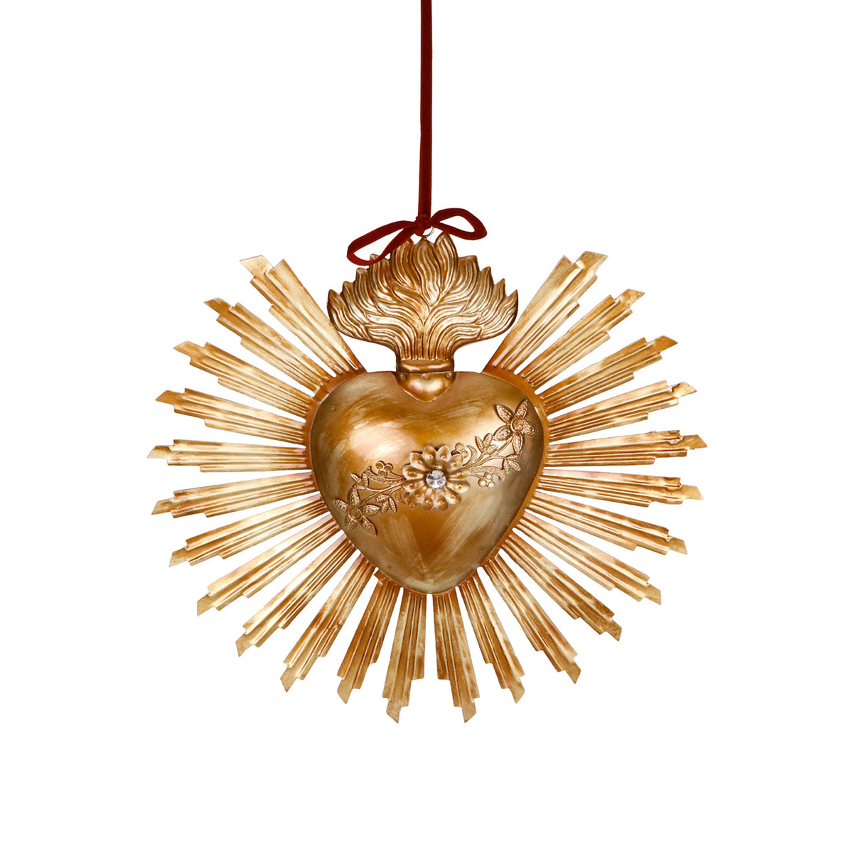 Ornament inimă radiantă din metal, cu pietre, auriu, 31 cm