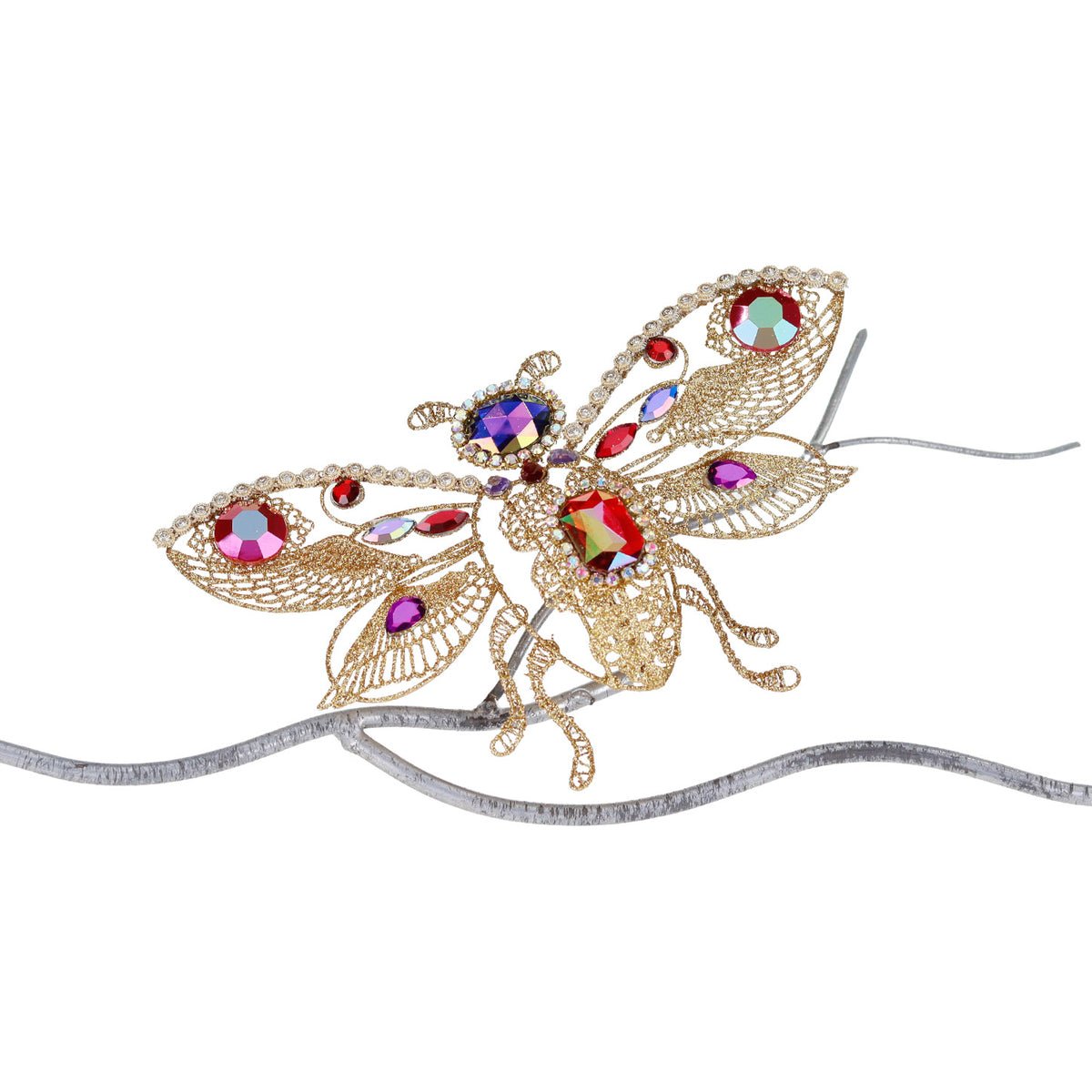 Ornament insectă cu aripi deschise din sârmă metalică cu pietre, auriu/roz, 20,5 cm