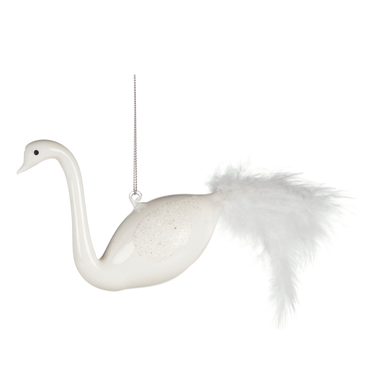 Ornament lebădă din sticlă cu coadă din pene, alb, 10 cm