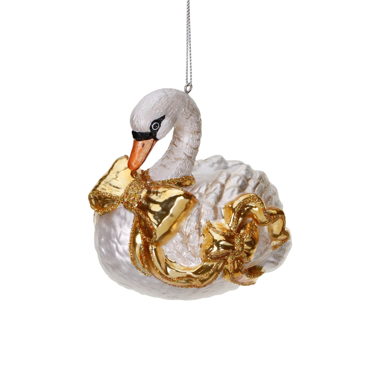 Ornament lebădă din sticlă cu fundă, de agățat, alb/auriu, 11 cm