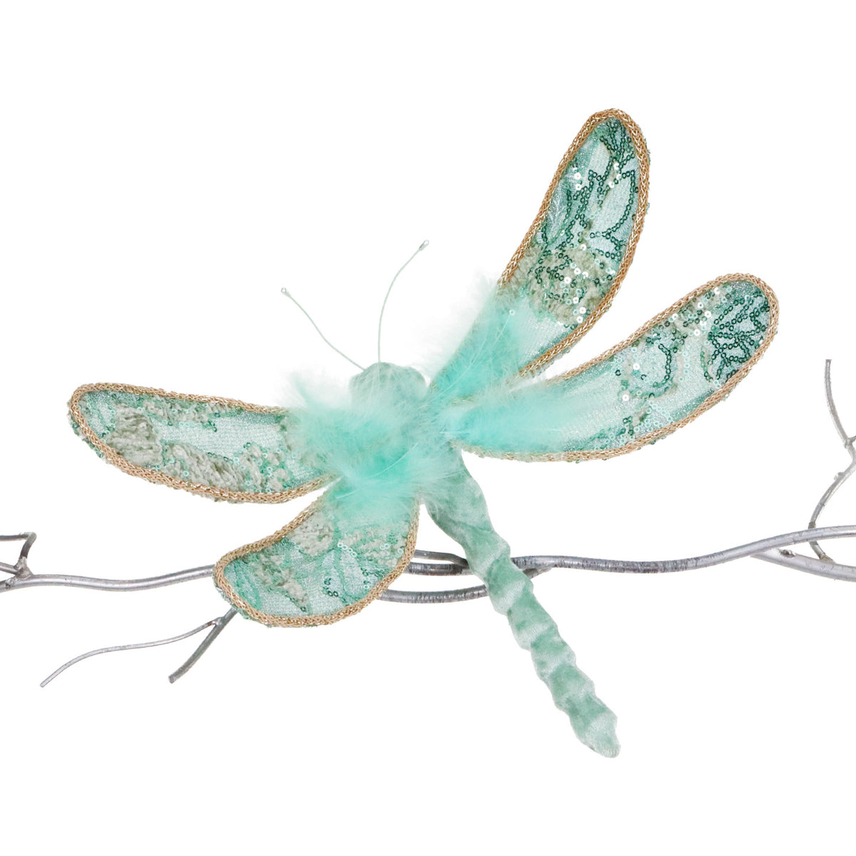 Ornament libelulă din textil cu pene și paiete, verde, 35 cm