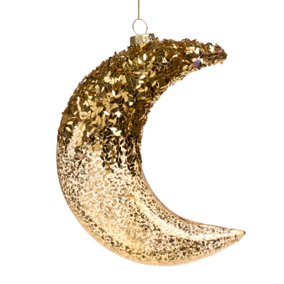 Ornament lună din sticlă, cu vârf din folie, auriu, 16 cm