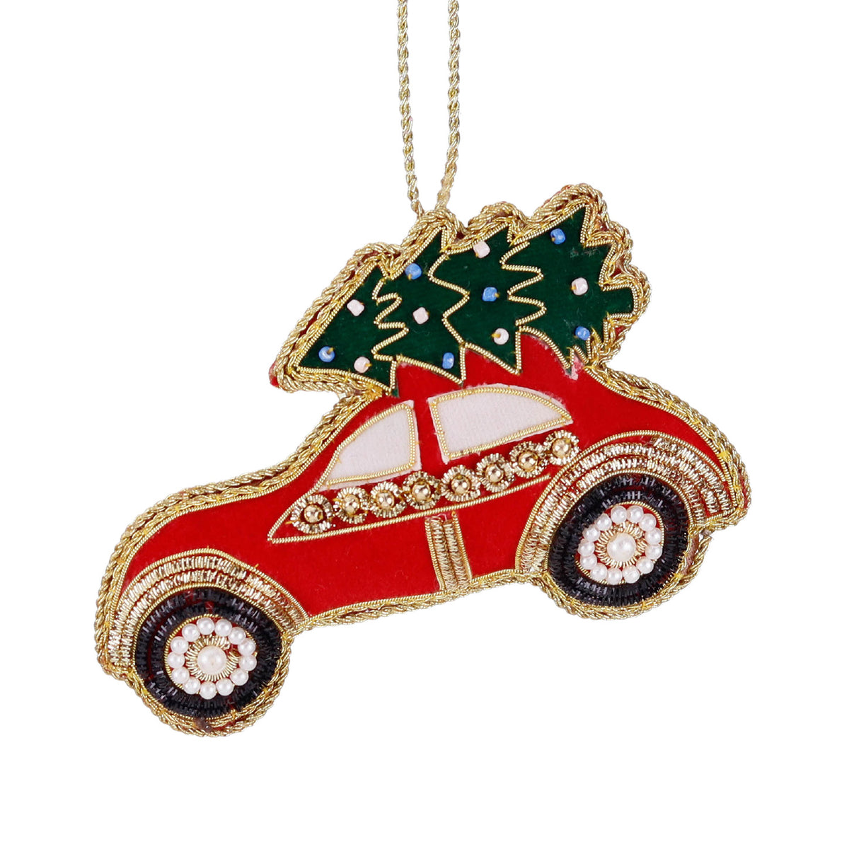Ornament mașinuță de Crăciun cu brad, din textil brodat, roșu/verde/auriu, 13 cm