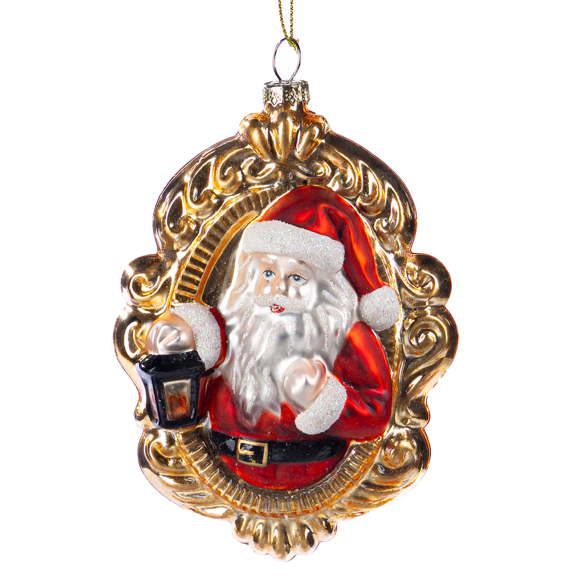 Ornament medalion cu Moș Crăciun din sticlă, roșu/auriu/alb, 14 cm