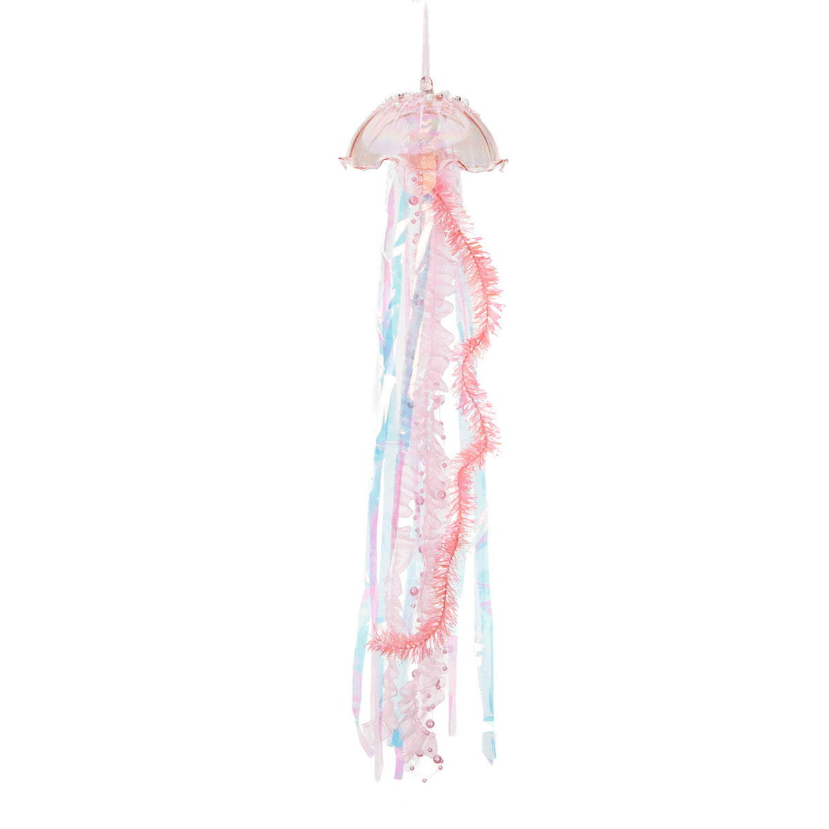 Ornament meduză din sticlă cu volane și beteală, roz, 63,5 cm