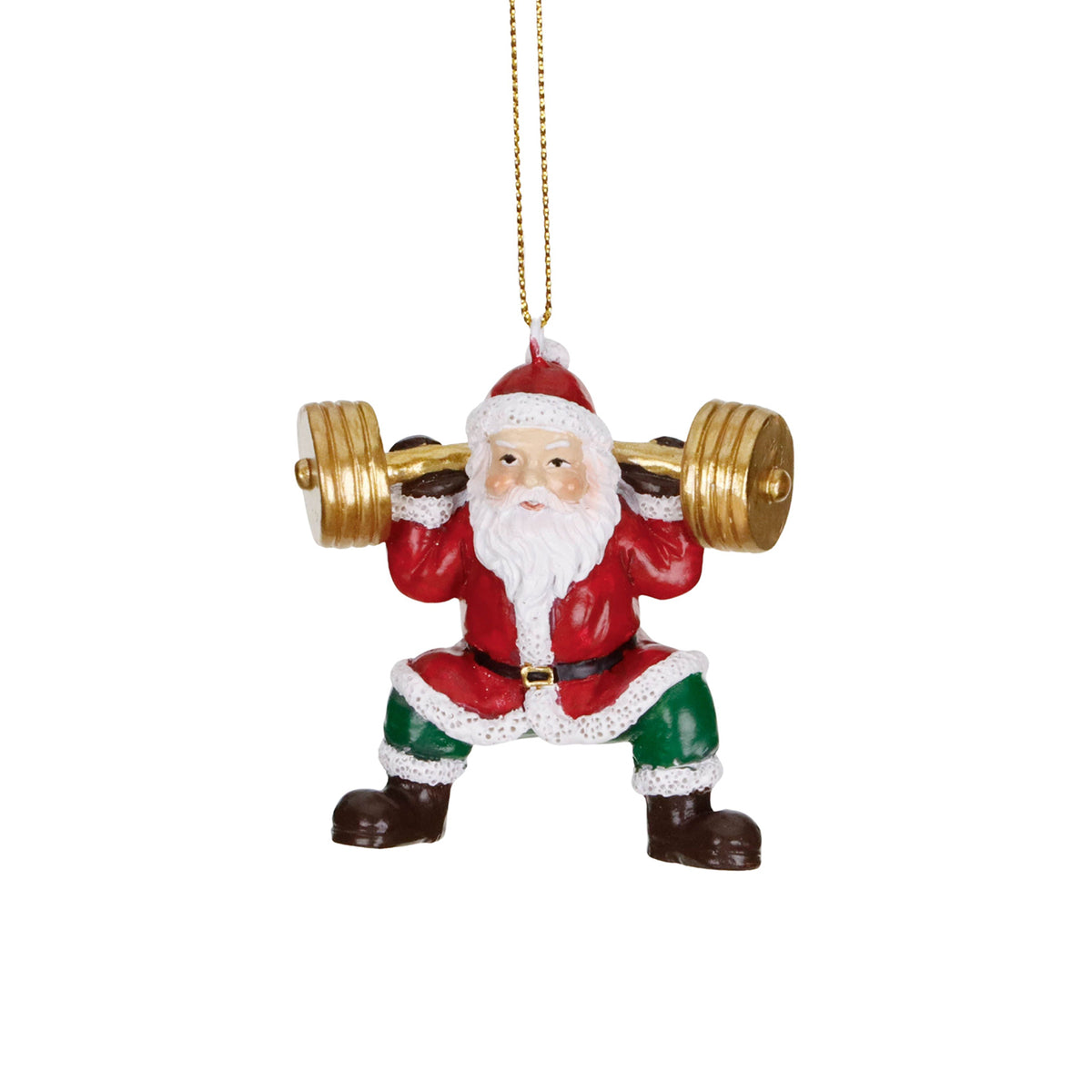 Ornament Moș Crăciun care ridică greutăți, roșu/verde/auriu, 7 cm