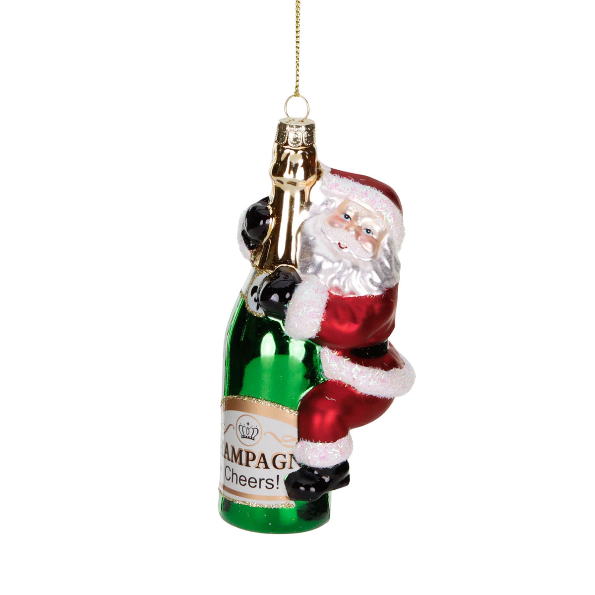 Ornament Moș Crăciun cățărat pe o sticlă de șampanie, din sticlă, roșu/verde, 14 cm
