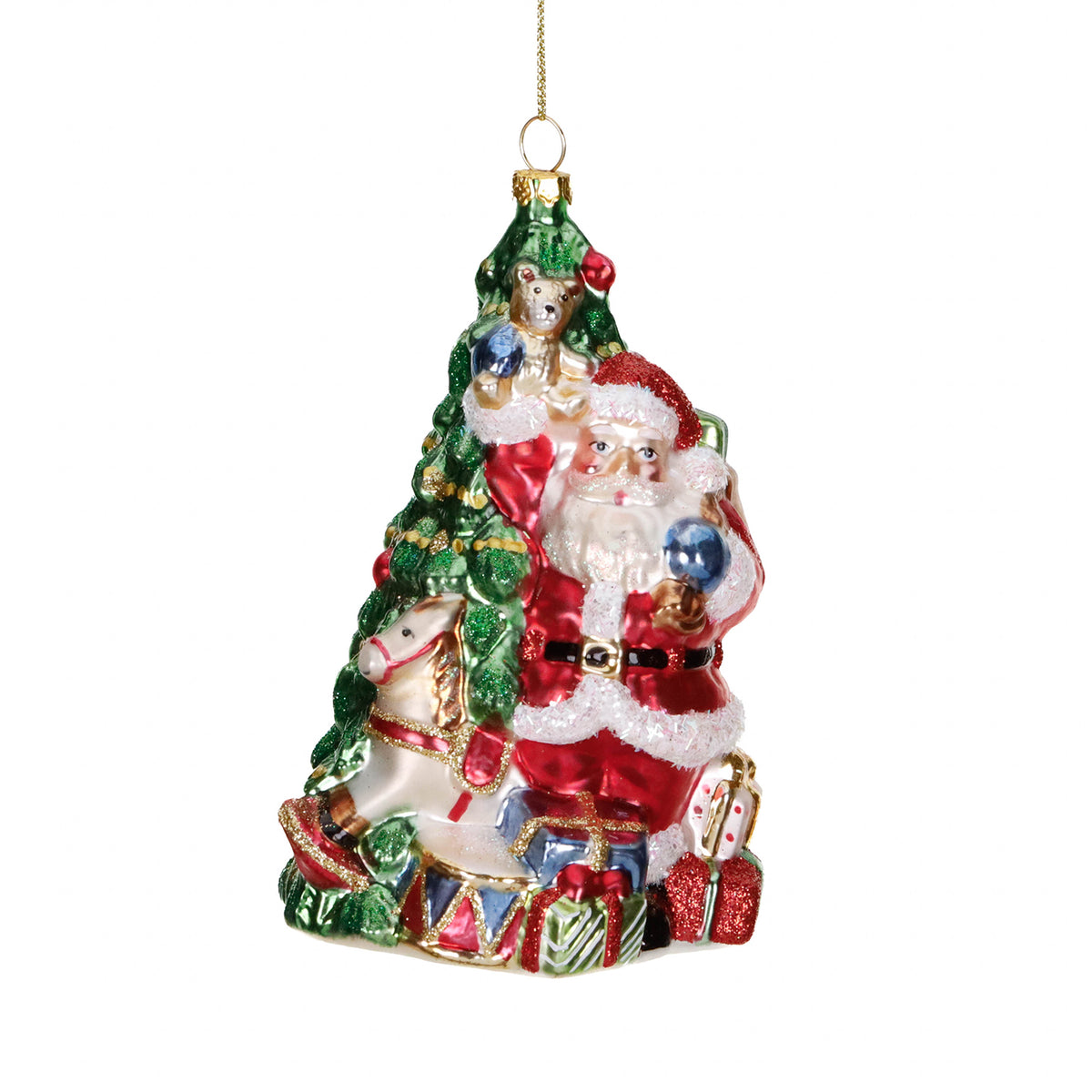 Ornament Moș Crăciun cu brad și cadouri, din sticlă, roșu/verde, 15 cm