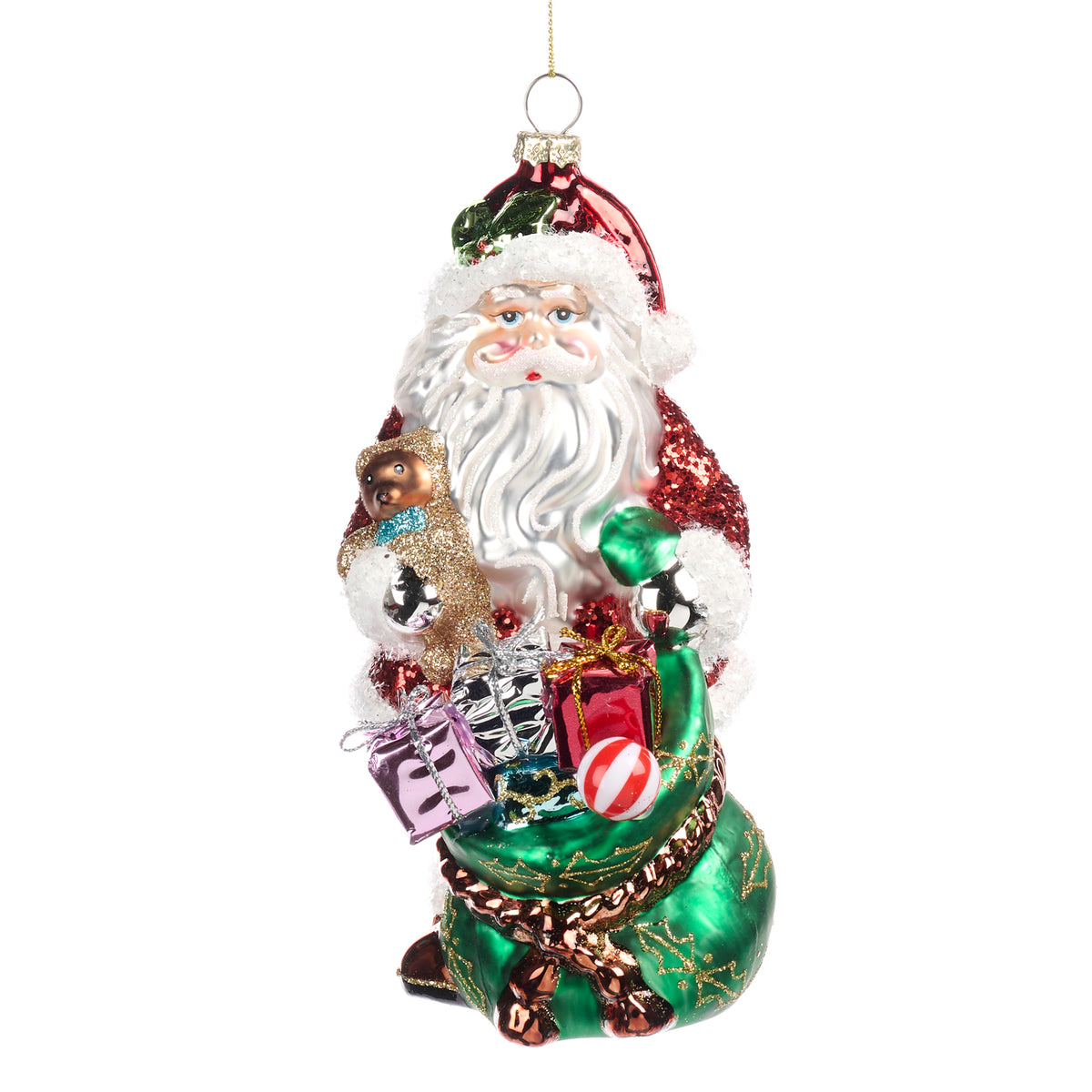 Ornament Moș Crăciun cu cadouri și sac, din sticlă cu beteală, alb/roșu/verde, 18 cm