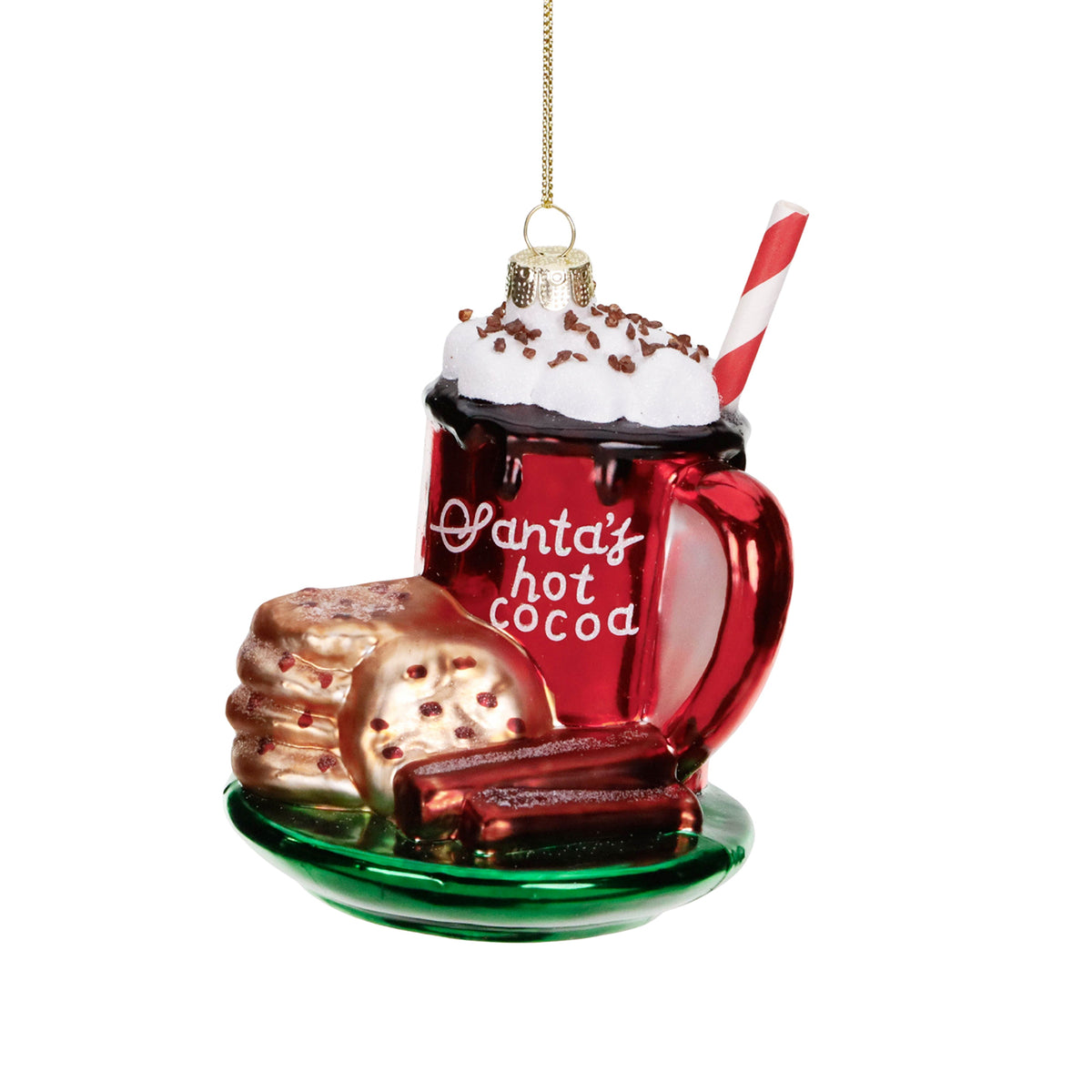 Ornament Moș Crăciun cu ciocolată caldă și biscuit, din sticlă, roșu, 11,5 cm