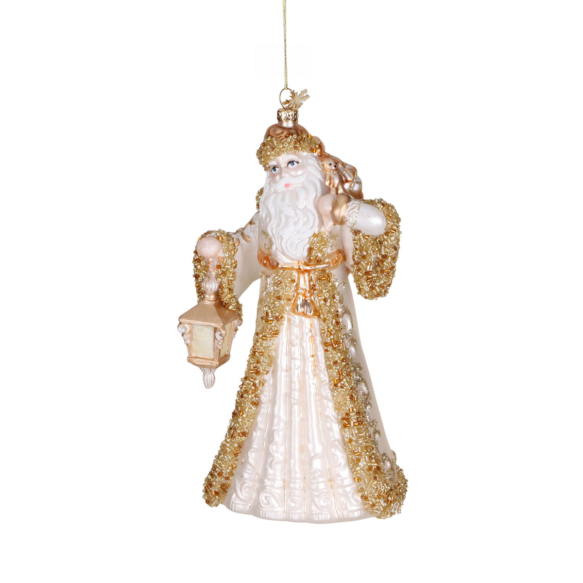 Ornament Moș Crăciun cu felinar, din sticlă cu mărgele, auriu/crem, 11 cm
