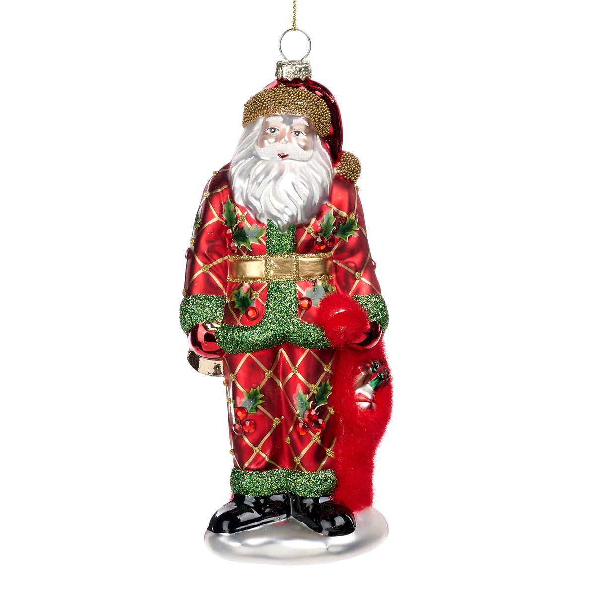 Ornament Moș Crăciun cu ilice din sticlă înzăpezită, roșu/verde/auriu, 19 cm