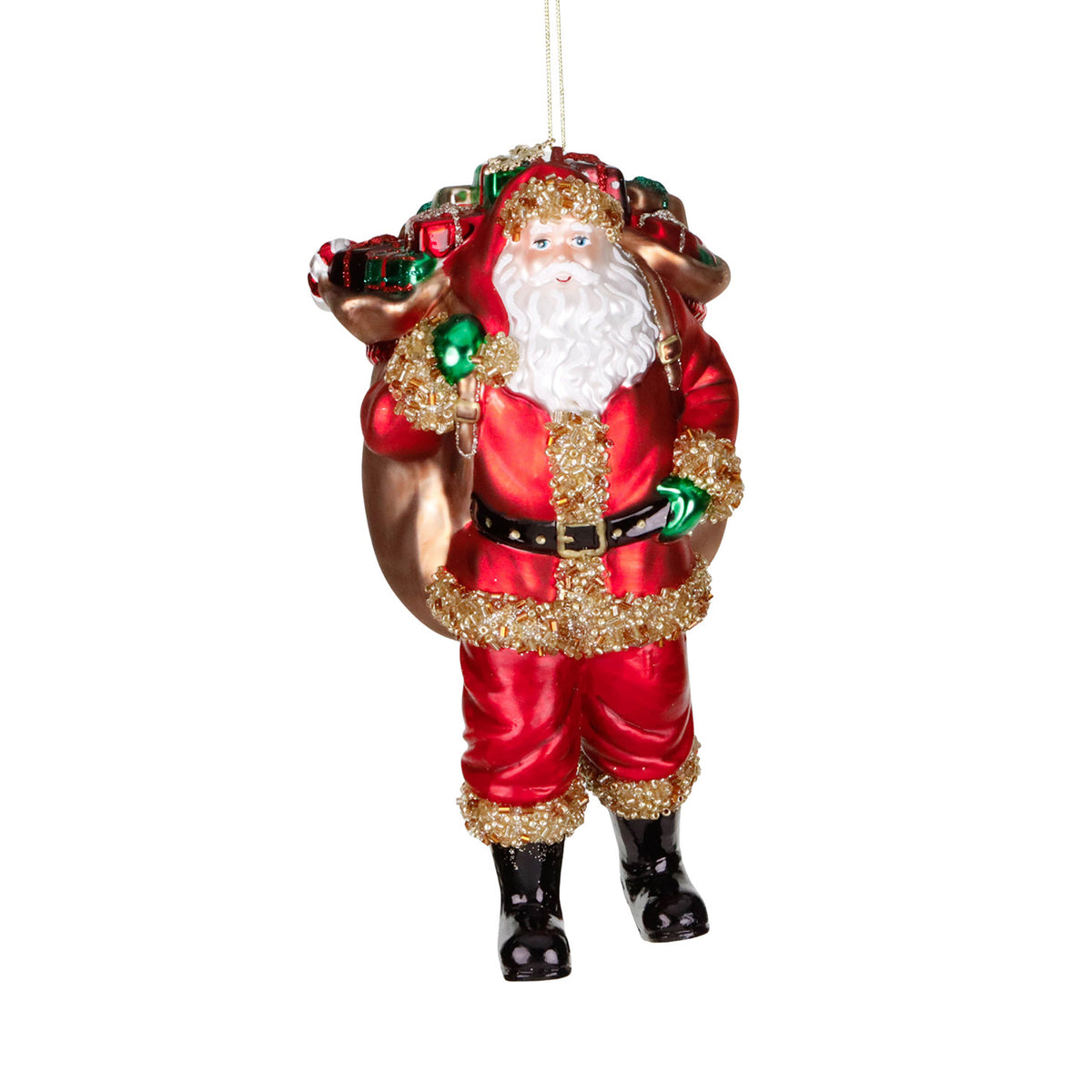 Ornament Moș Crăciun cu sac de cadouri, din sticlă cu mărgele, roșu, 18 cm