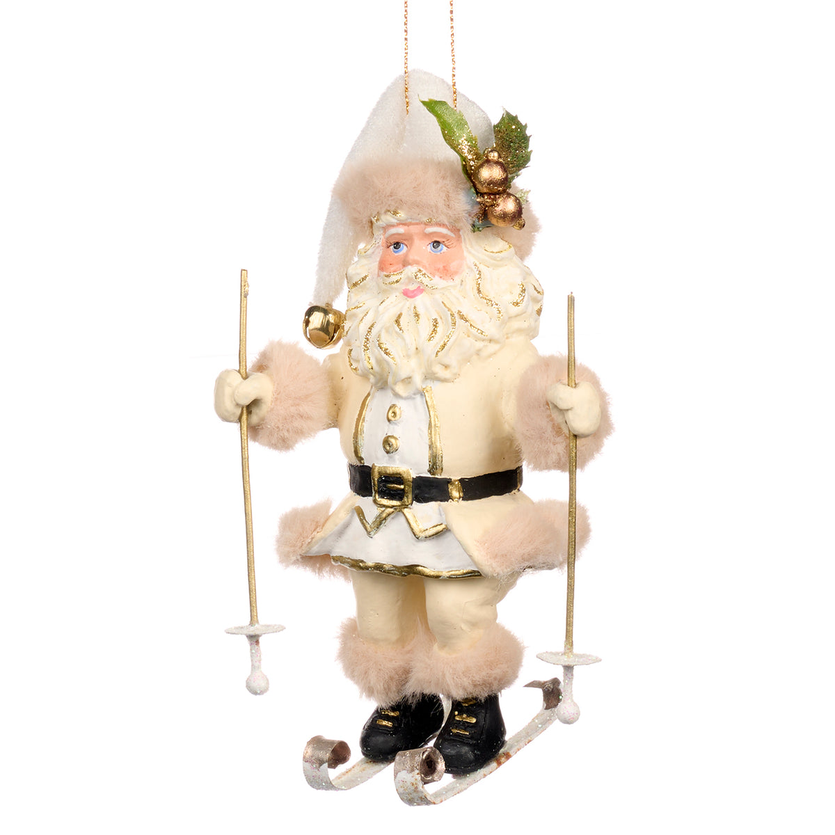 Ornament Moș Crăciun cu schiuri, crem, 16,5 cm