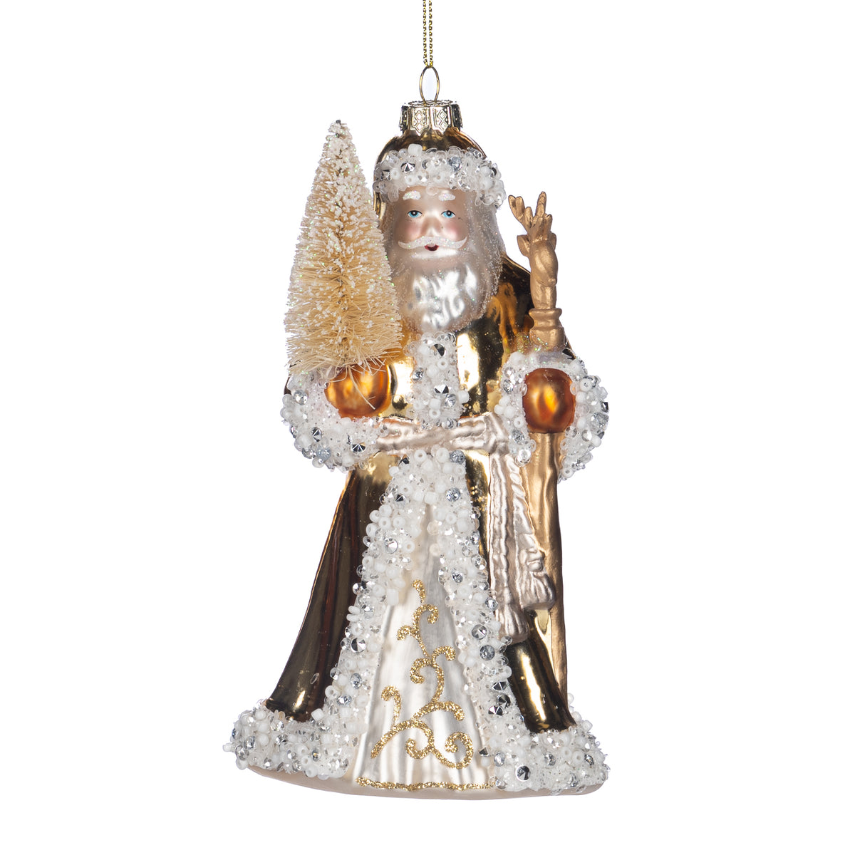Ornament Moș Crăciun din sticlă cu brad din sisal și toiag, alb/crem/auriu, 17 cm