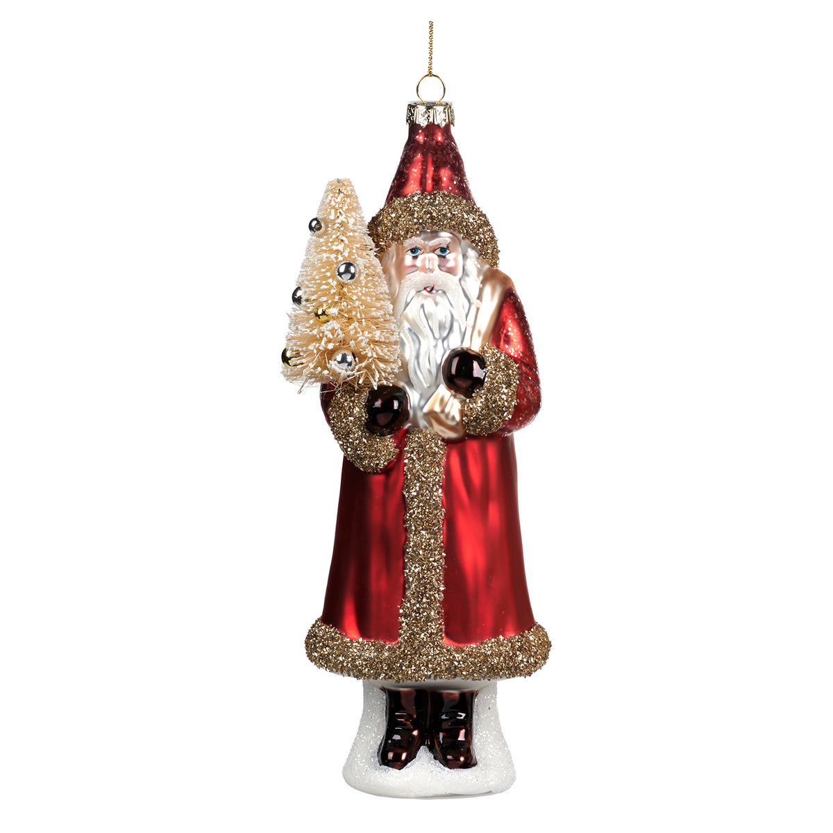 Ornament Moș Crăciun din sticlă și sisal, cu brad, roșu, 22 cm