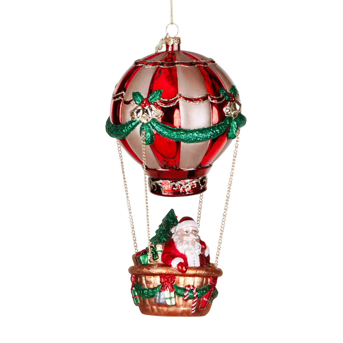 Ornament Moș Crăciun în balon cu aer cald, din sticlă, roșu/alb/verde, 24 cm