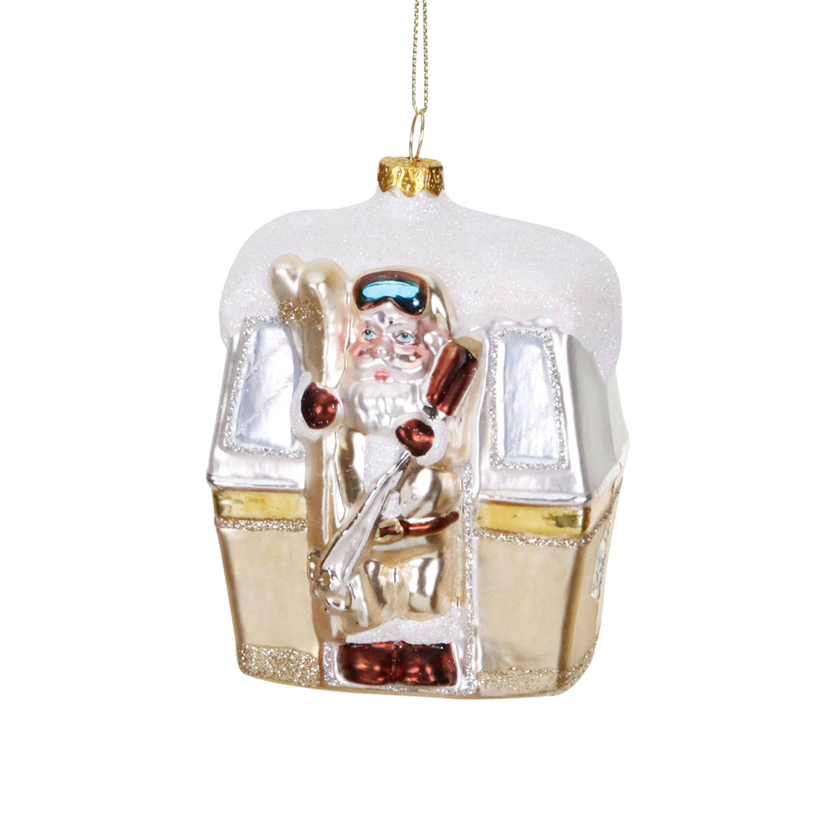 Ornament Moș Crăciun în telescaun, din sticlă, șampanie/alb, 10 cm