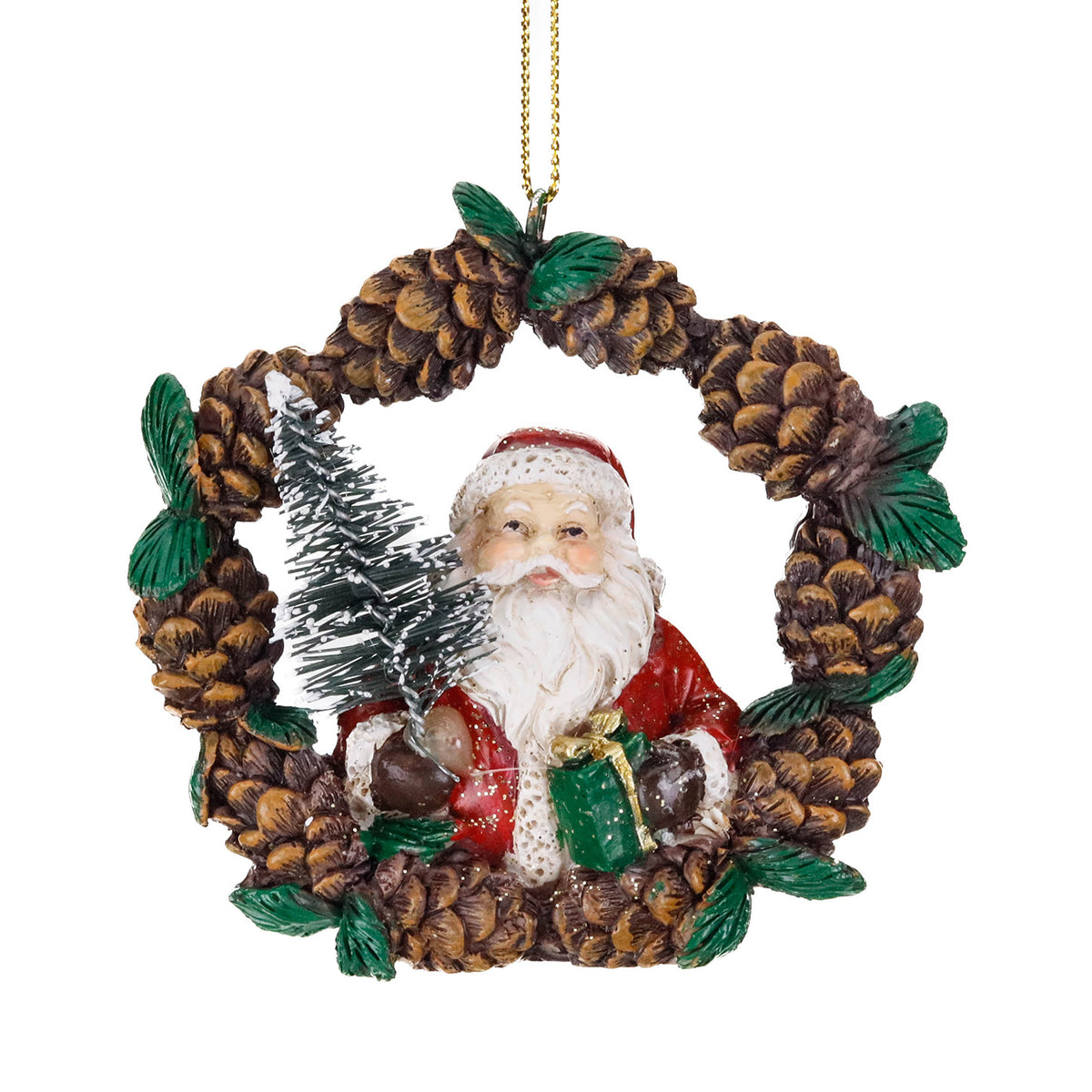 Ornament Moș Crăciun într-o coroniță de conuri, roșu/maro, 7,5 cm