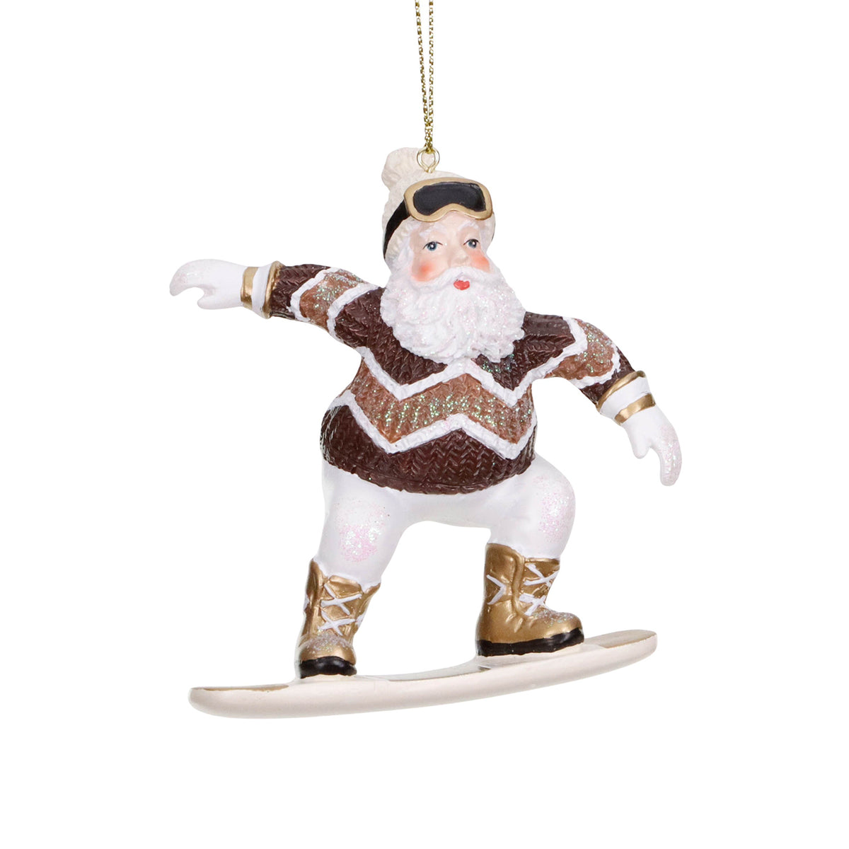 Ornament Moș Crăciun pe snowboard, alb/auriu/maro, 10 cm