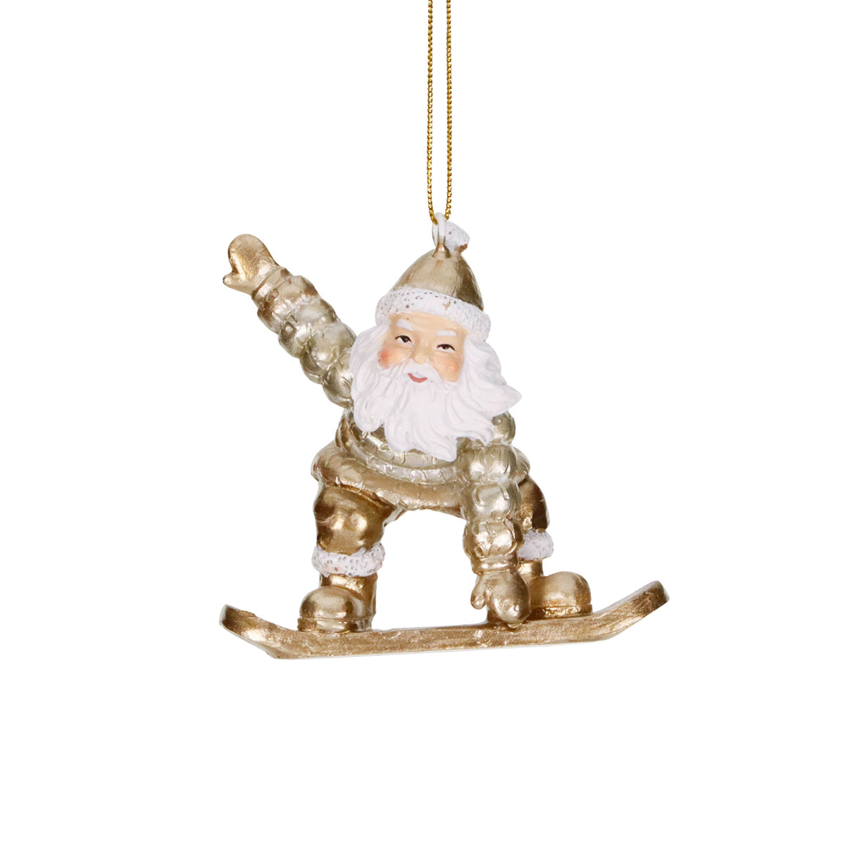 Ornament Moș Crăciun pe snowboard, șampanie/crem/auriu, 7 cm