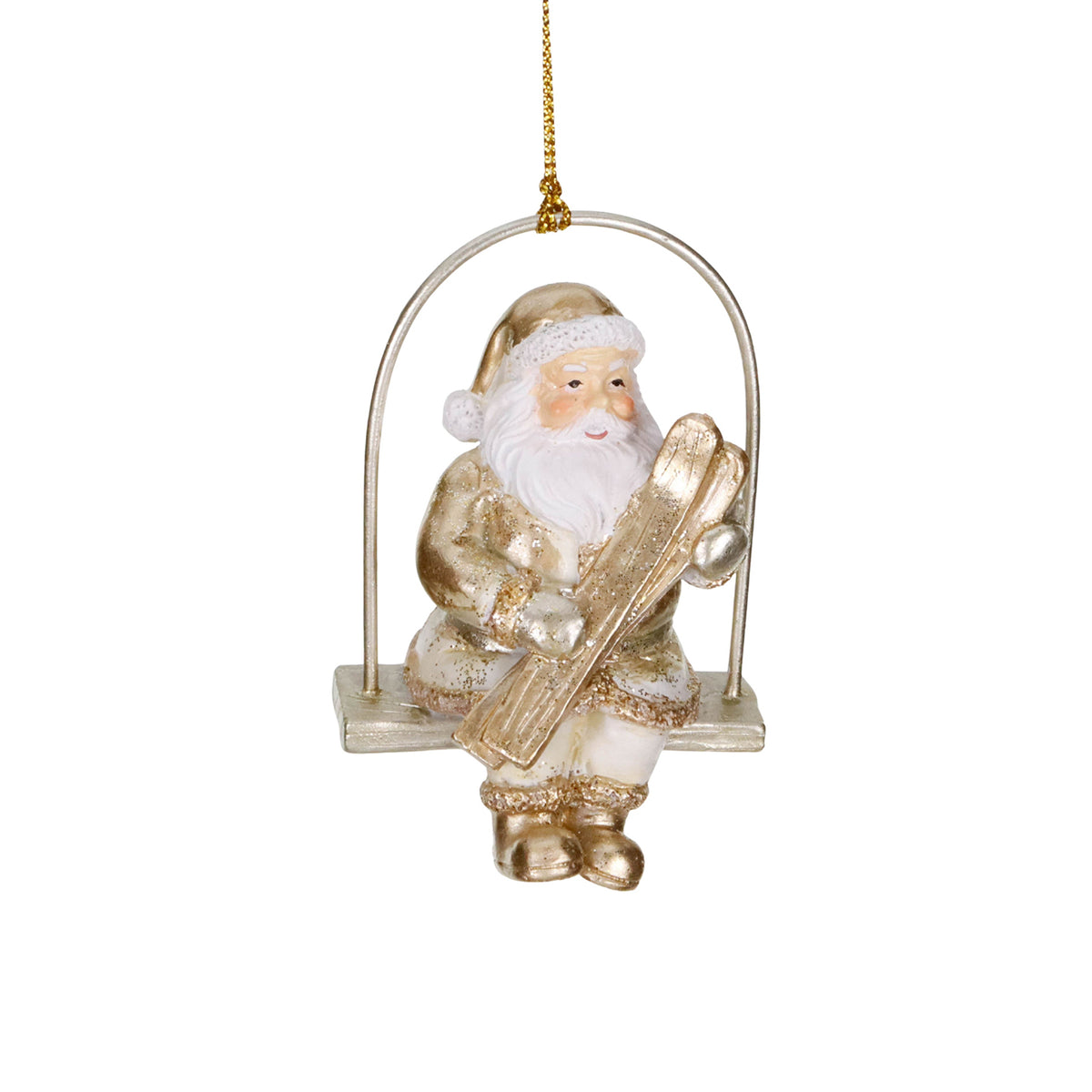 Ornament Moș Crăciun schior pe leagăn, crem/șampanie/auriu, 8 cm