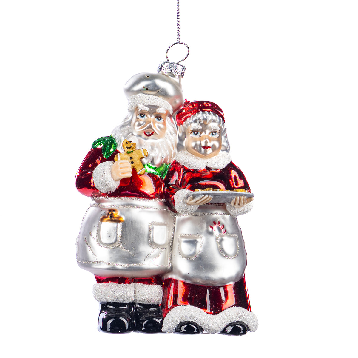Ornament Moș Crăciun și Crăciunița bucătari din turtă dulce, din sticlă, roșu/alb, 9 cm